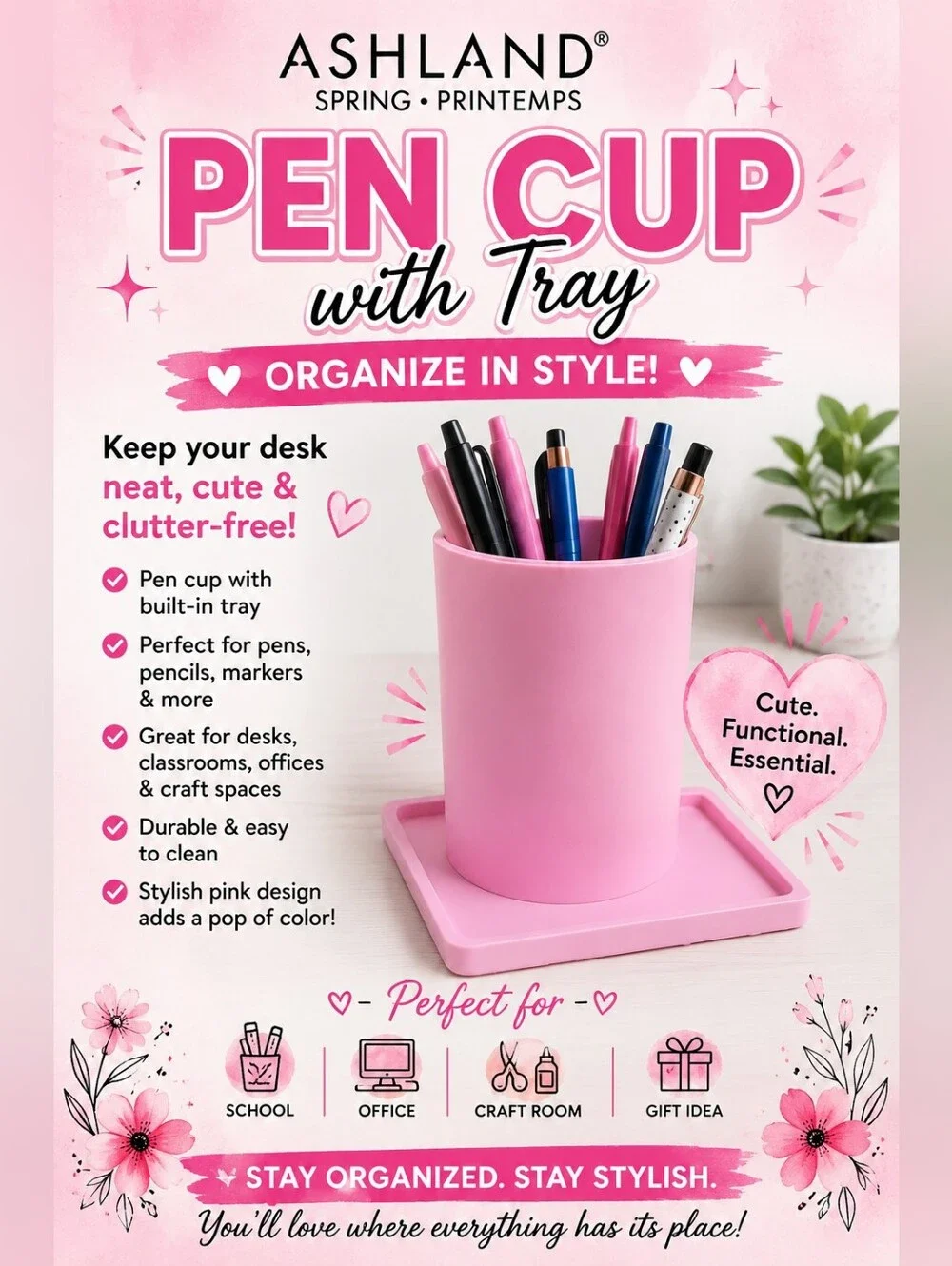 🌞NWT! Ashland Pink Desk Pen Cup with Tray Organizer